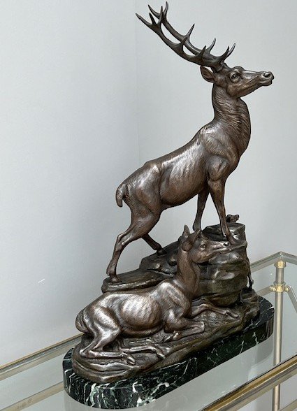 Large Sculpture By Louis Carvin 1875-1951 Deer Doe & Peacock-photo-1