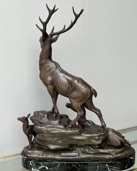 Large Sculpture By Louis Carvin 1875-1951 Deer Doe & Peacock-photo-3