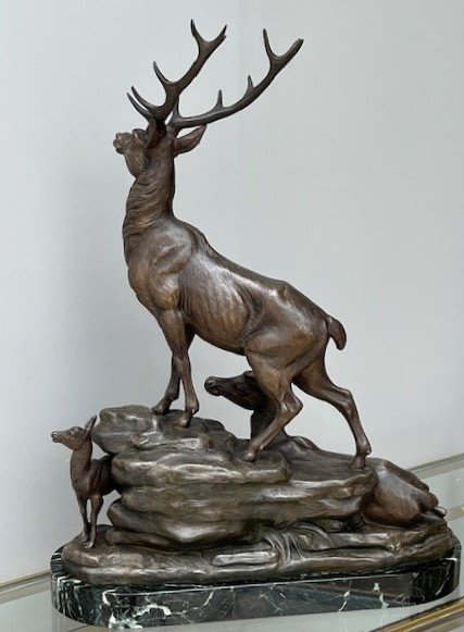 Large Sculpture By Louis Carvin 1875-1951 Deer Doe & Peacock-photo-4