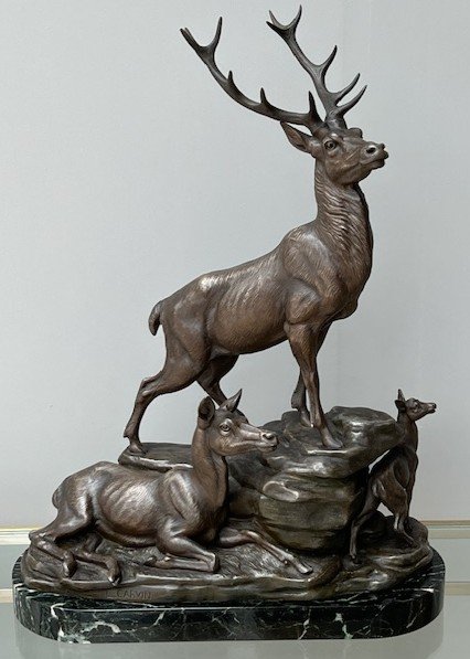 Large Sculpture By Louis Carvin 1875-1951 Deer Doe & Peacock-photo-5