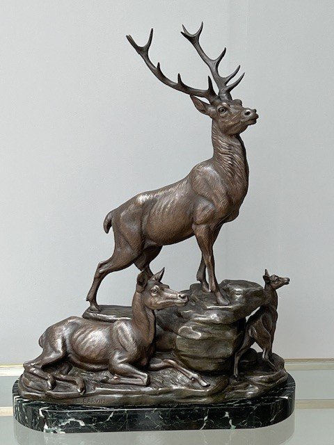 Large Sculpture By Louis Carvin 1875-1951 Deer Doe & Peacock
