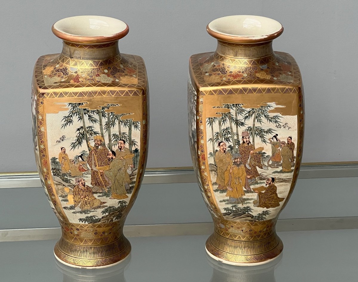 Pair Of Satsuma Earthenware Vases Japan-photo-4