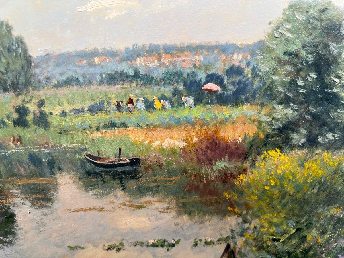Post-impressionist Painting By Maurice Lemaître 1929-2018 Market Gardeners In Clairmarais -photo-3
