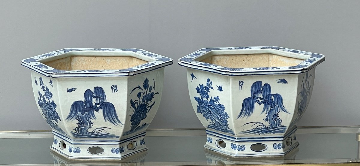 Pair Of 19th Century Blue And White Chinese Porcelain Planters