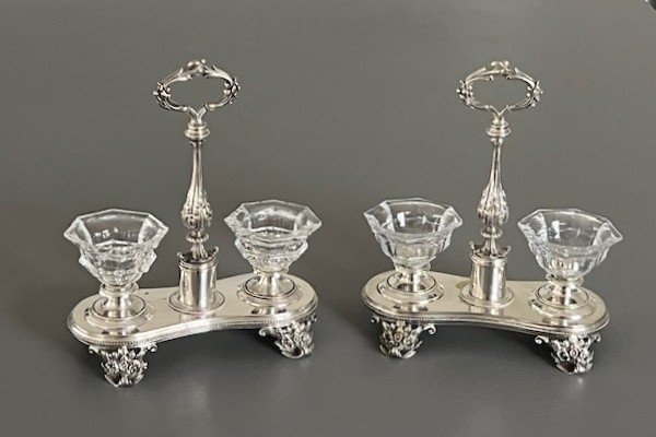 Paire De Salerons Doubles Métal Argent Et Cristal Baccarat Orfèvre Truffaut 
