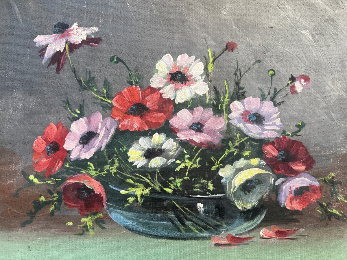 20th Century Painting Still Life With Anemones Oil / Canvas Signed -photo-2