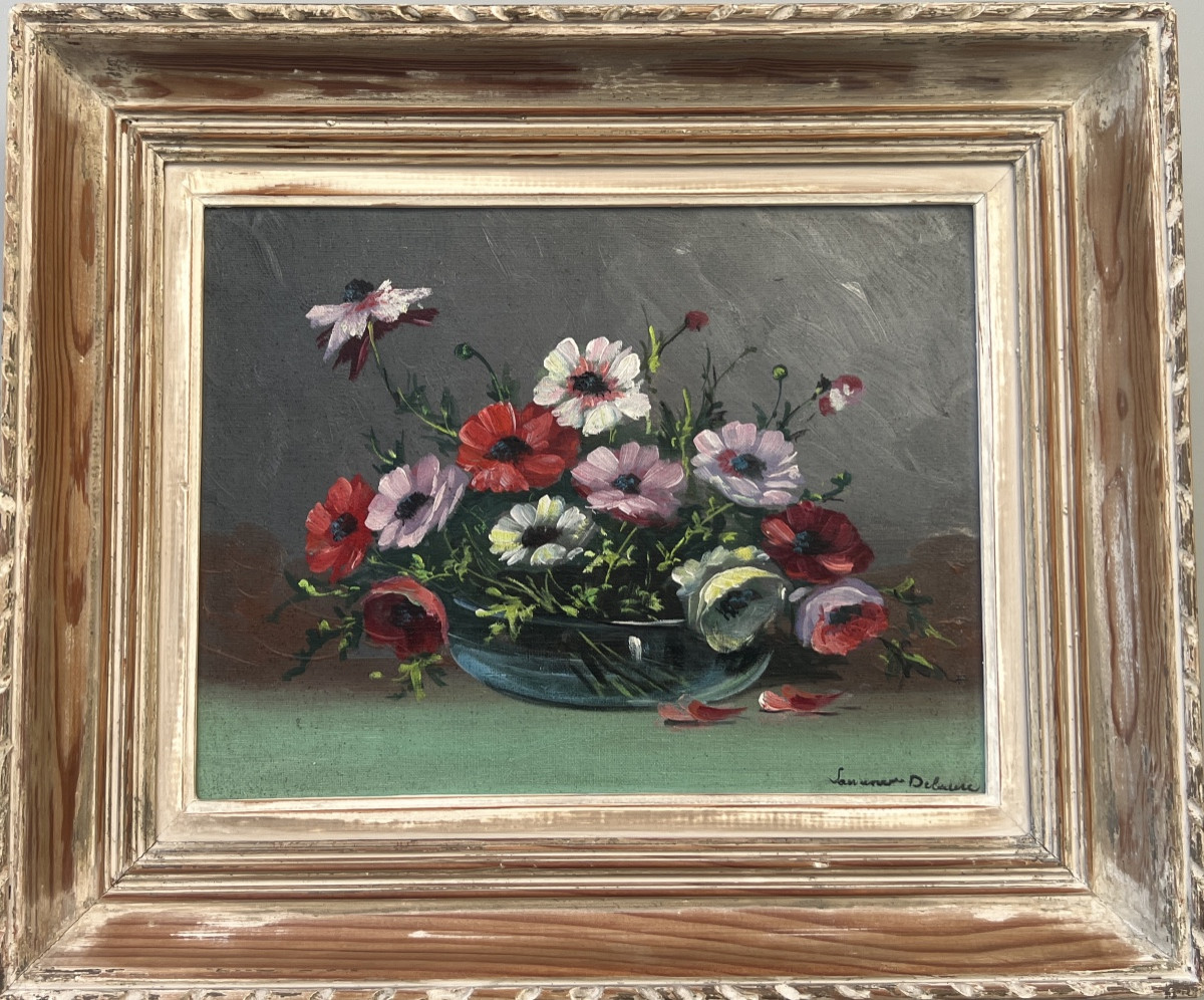 20th Century Painting Still Life With Anemones Oil / Canvas Signed -photo-4