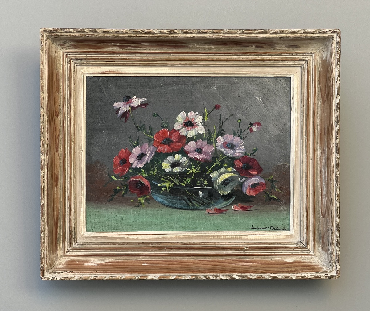 20th Century Painting Still Life With Anemones Oil / Canvas Signed 