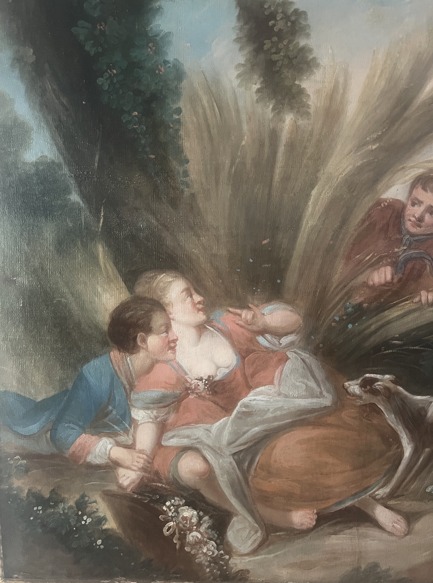 Trumeau miroir D'Epoque Louis XVI Bois Doré  Peinture Galante-photo-4