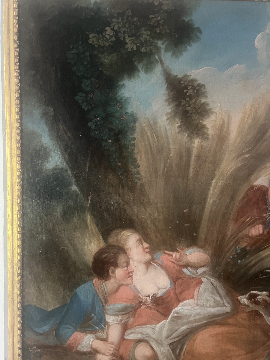 Trumeau miroir D'Epoque Louis XVI Bois Doré  Peinture Galante-photo-1