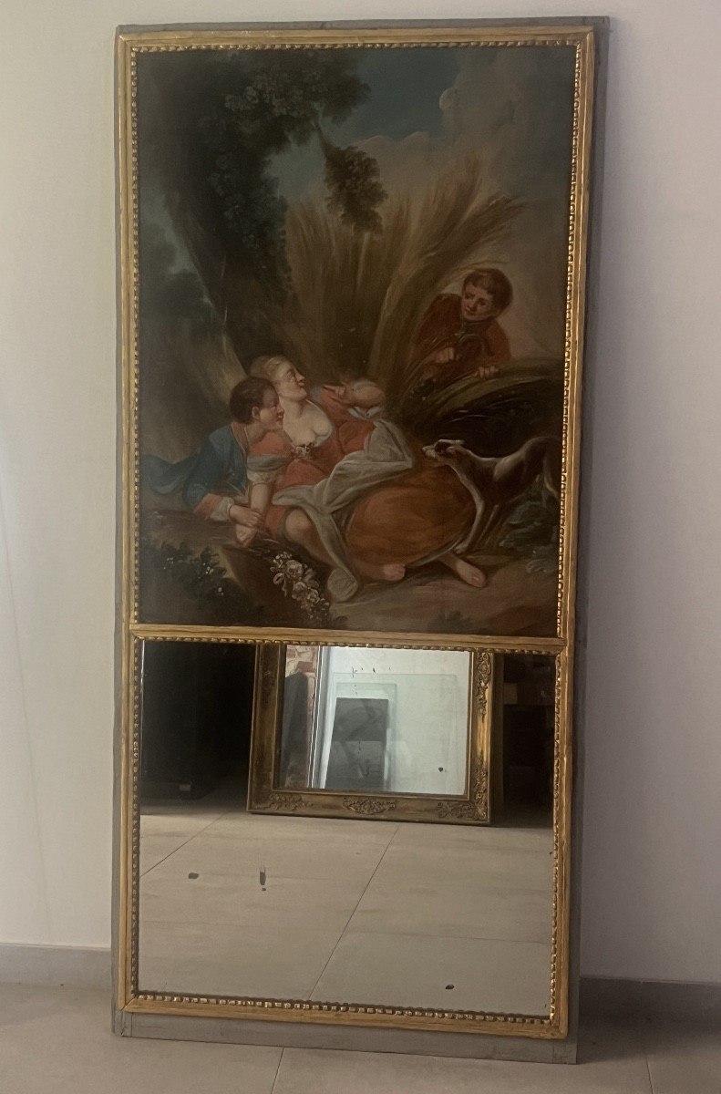 Trumeau miroir D'Epoque Louis XVI Bois Doré  Peinture Galante-photo-4
