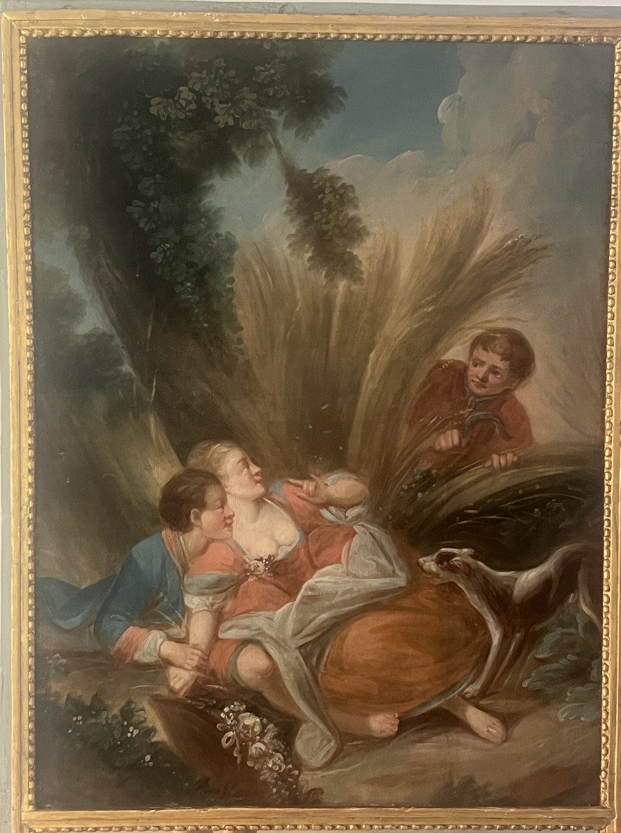 Trumeau miroir D'Epoque Louis XVI Bois Doré  Peinture Galante