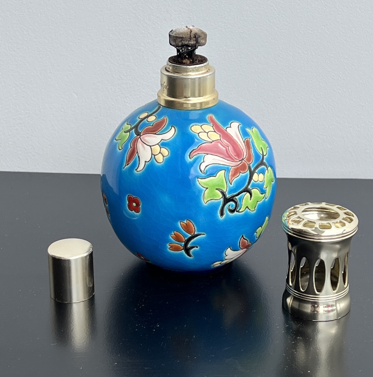 Berger Lamp In Longwy Enamels With Floral Decor-photo-1