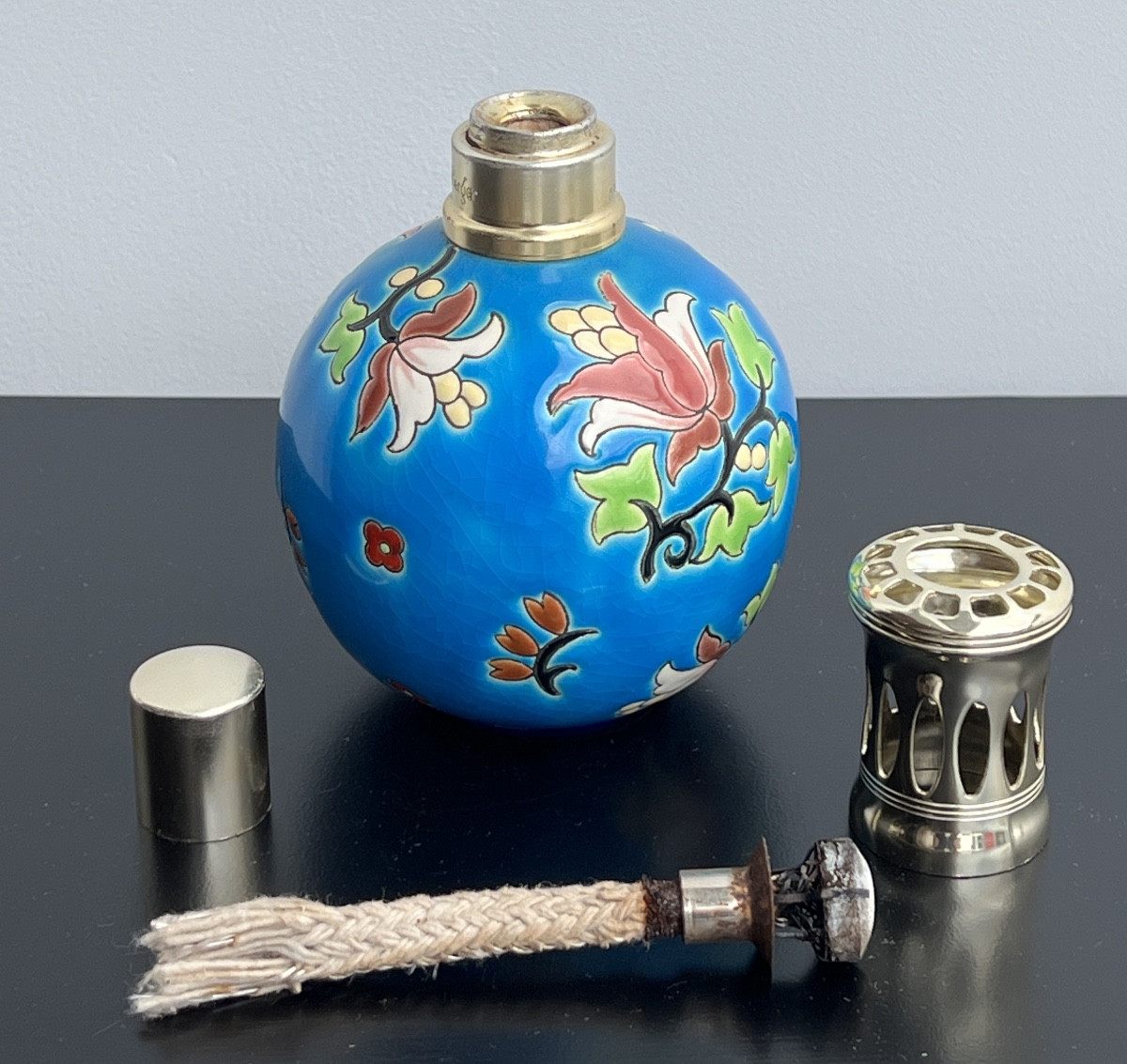 Berger Lamp In Longwy Enamels With Floral Decor-photo-2