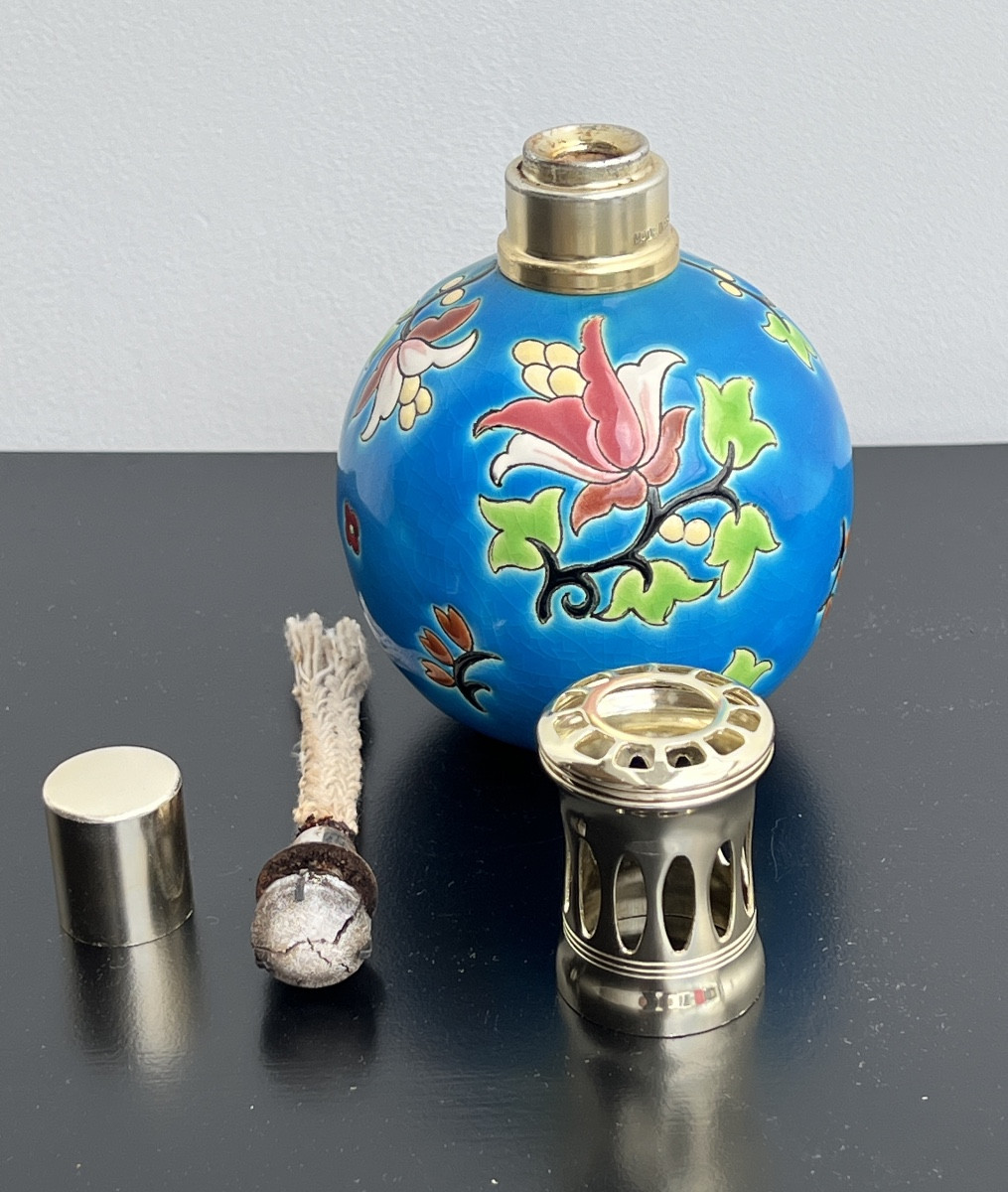 Berger Lamp In Longwy Enamels With Floral Decor-photo-3
