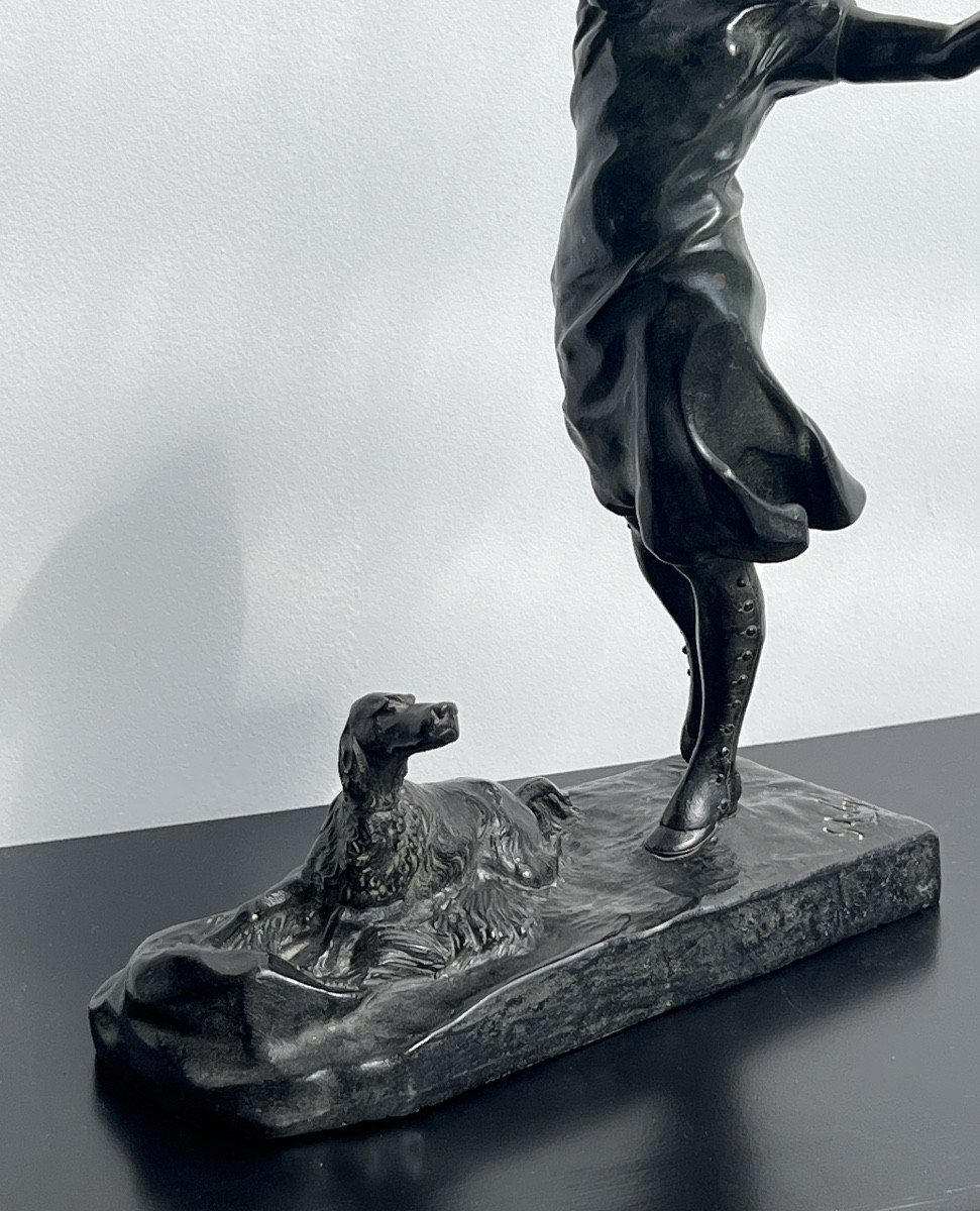  Bronze Sculpture By Georges Lesage (1890-1920) Huntress And Her Dog-photo-3