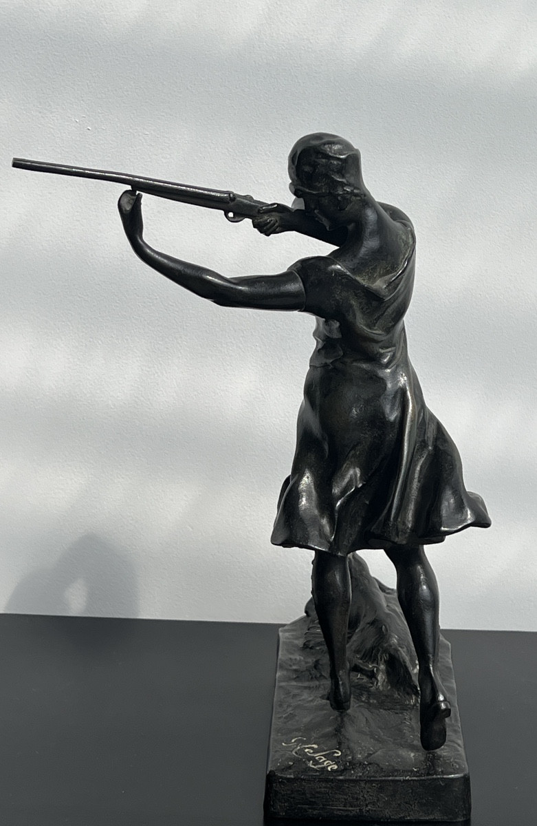  Bronze Sculpture By Georges Lesage (1890-1920) Huntress And Her Dog-photo-4