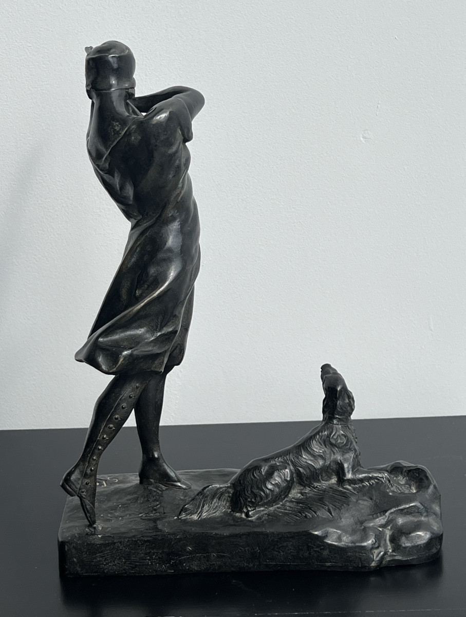  Bronze Sculpture By Georges Lesage (1890-1920) Huntress And Her Dog-photo-2