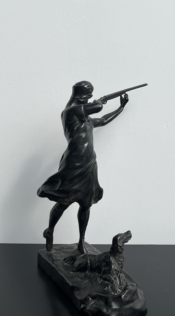  Bronze Sculpture By Georges Lesage (1890-1920) Huntress And Her Dog-photo-3