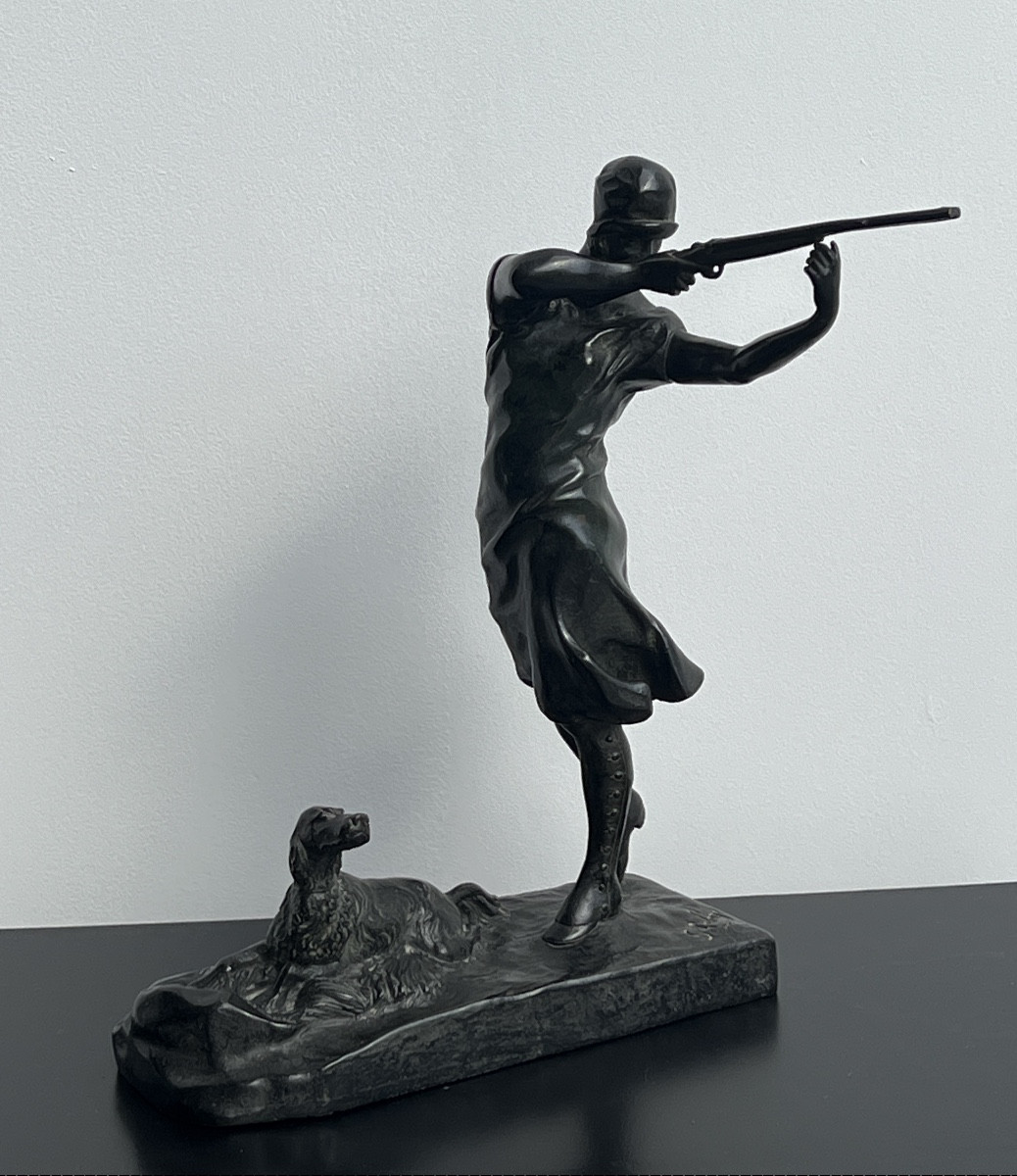 Bronze Sculpture By Georges Lesage (1890-1920) Huntress And Her Dog-photo-5