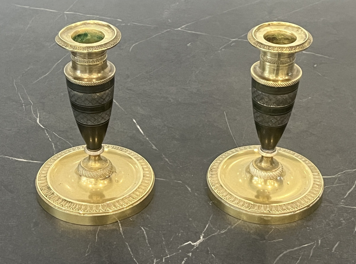 Paire de Petits  Bougeoirs Empire en Bronze -photo-2