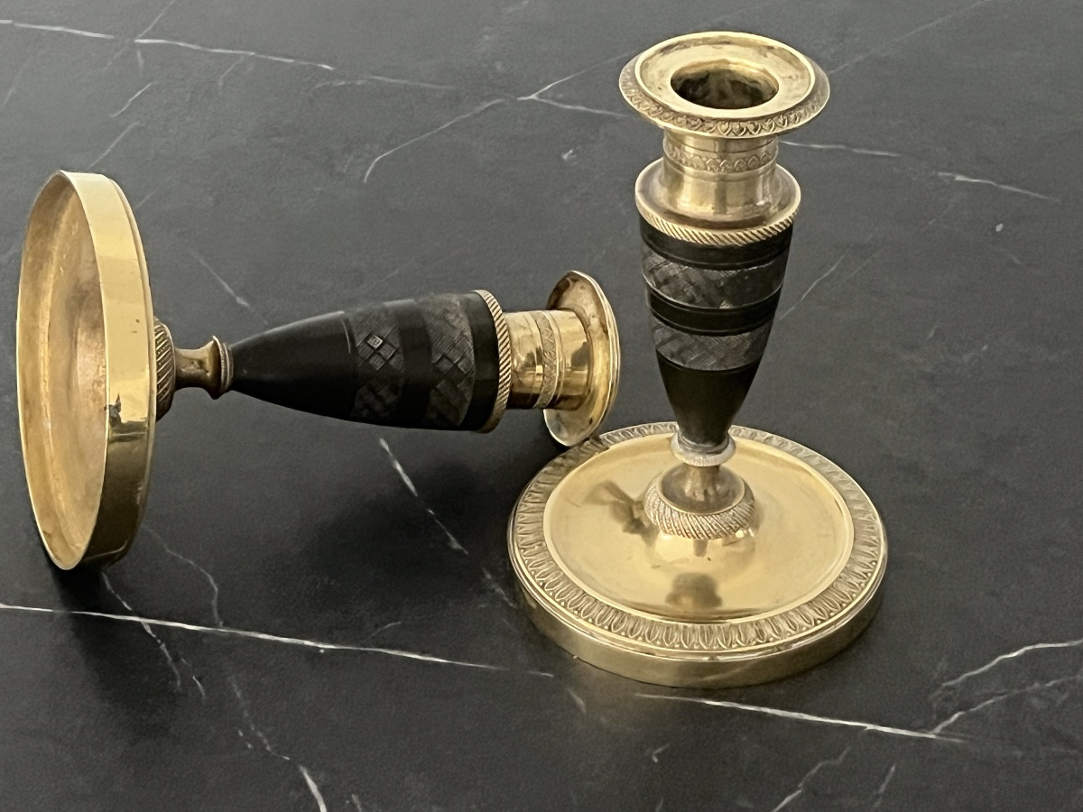 Paire de Petits  Bougeoirs Empire en Bronze -photo-4
