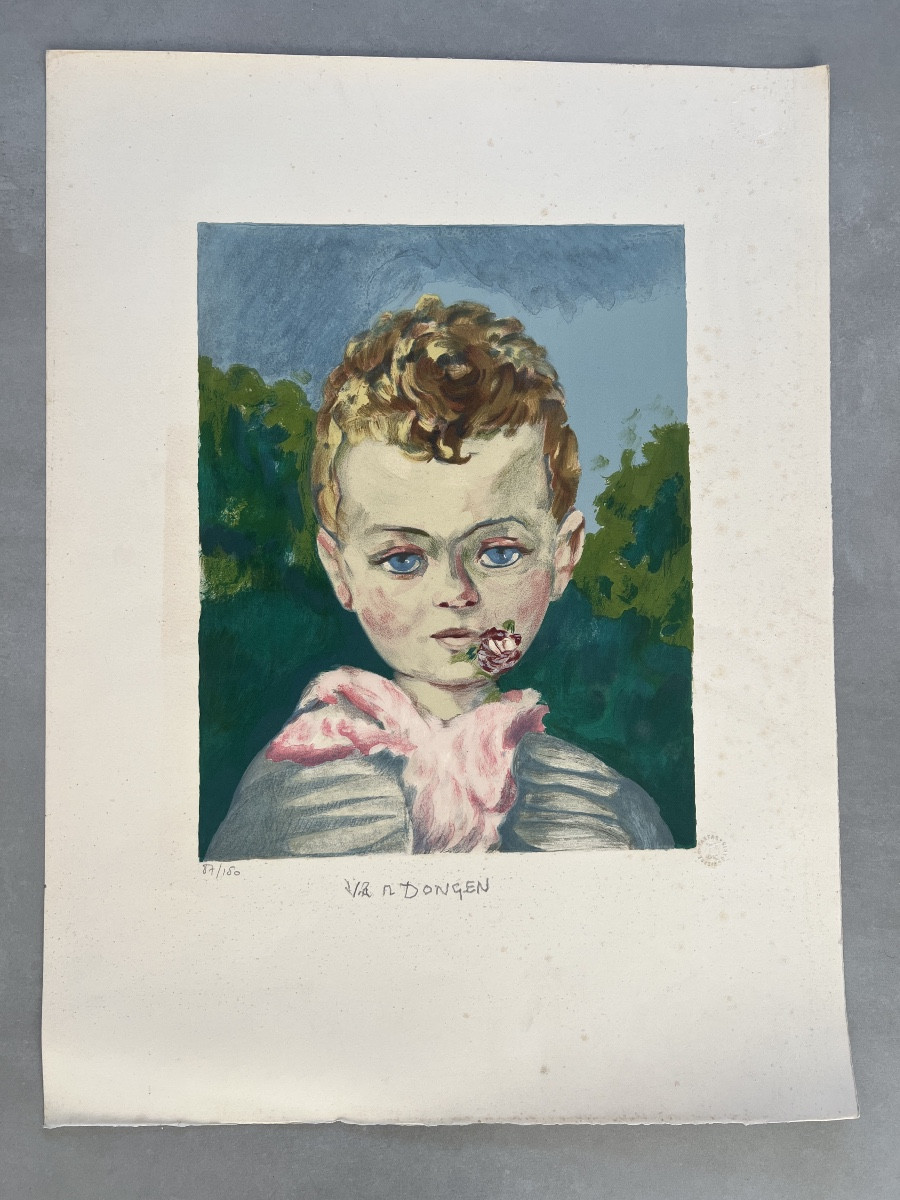 Kees VAN DONGEN  ( 1877-1968 ) Enfant à la Rose  Lithographie -photo-3