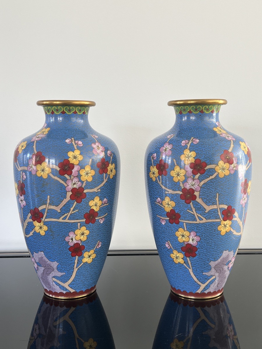 Pair Of China Cloisonné Vases Cherry Blossom Birds-photo-2