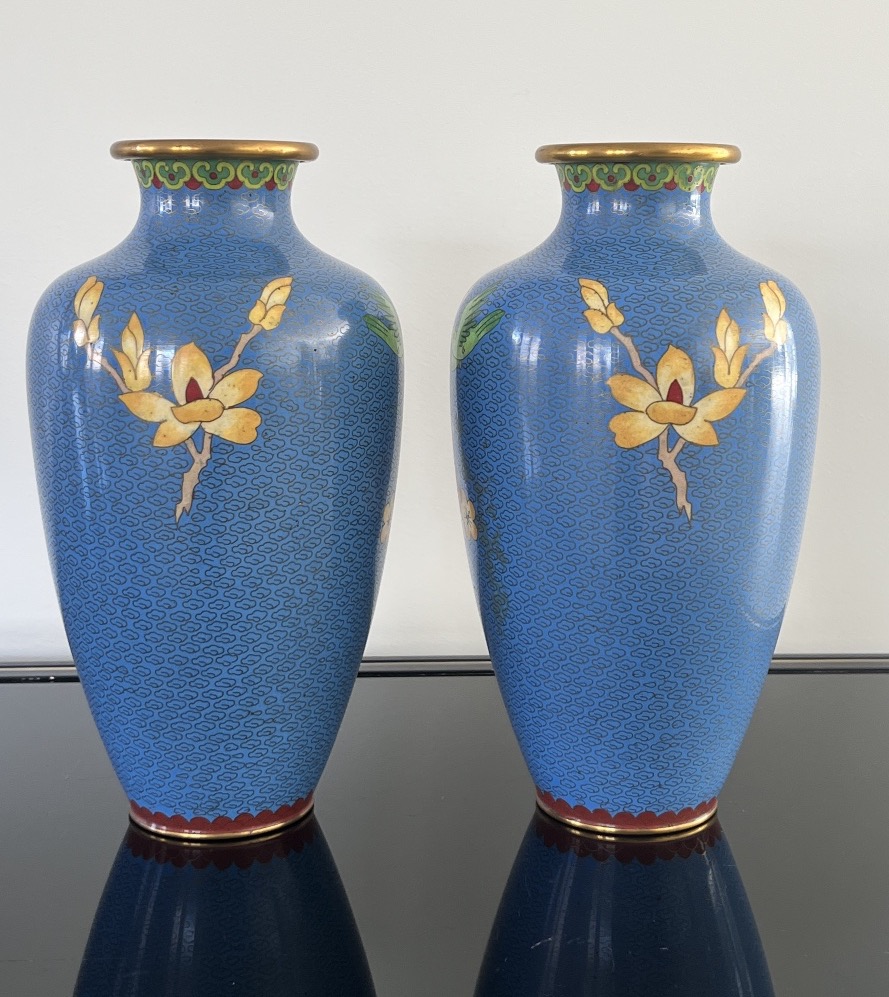Pair Of China Cloisonné Vases Cherry Blossom Birds-photo-3