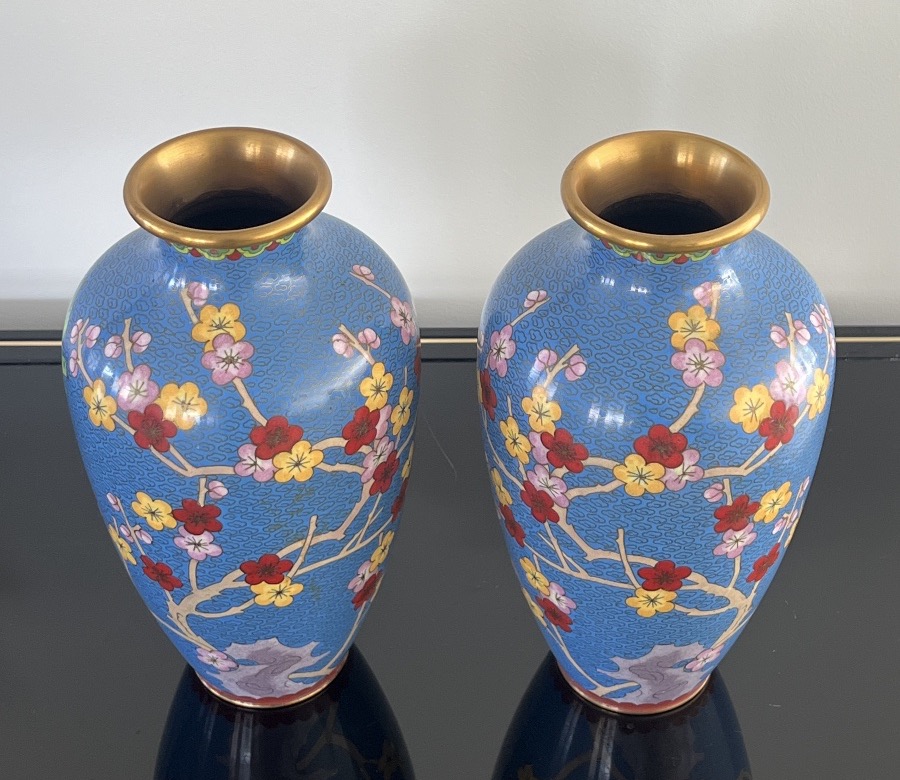 Pair Of China Cloisonné Vases Cherry Blossom Birds-photo-4