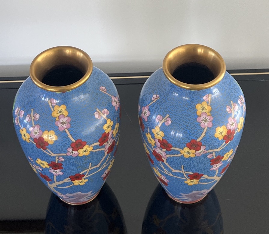 Pair Of China Cloisonné Vases Cherry Blossom Birds-photo-1