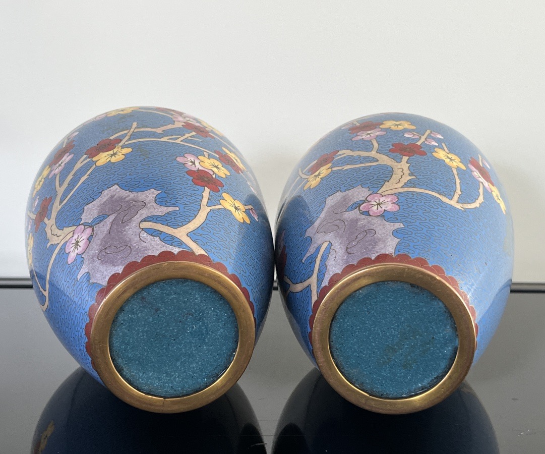 Pair Of China Cloisonné Vases Cherry Blossom Birds-photo-2