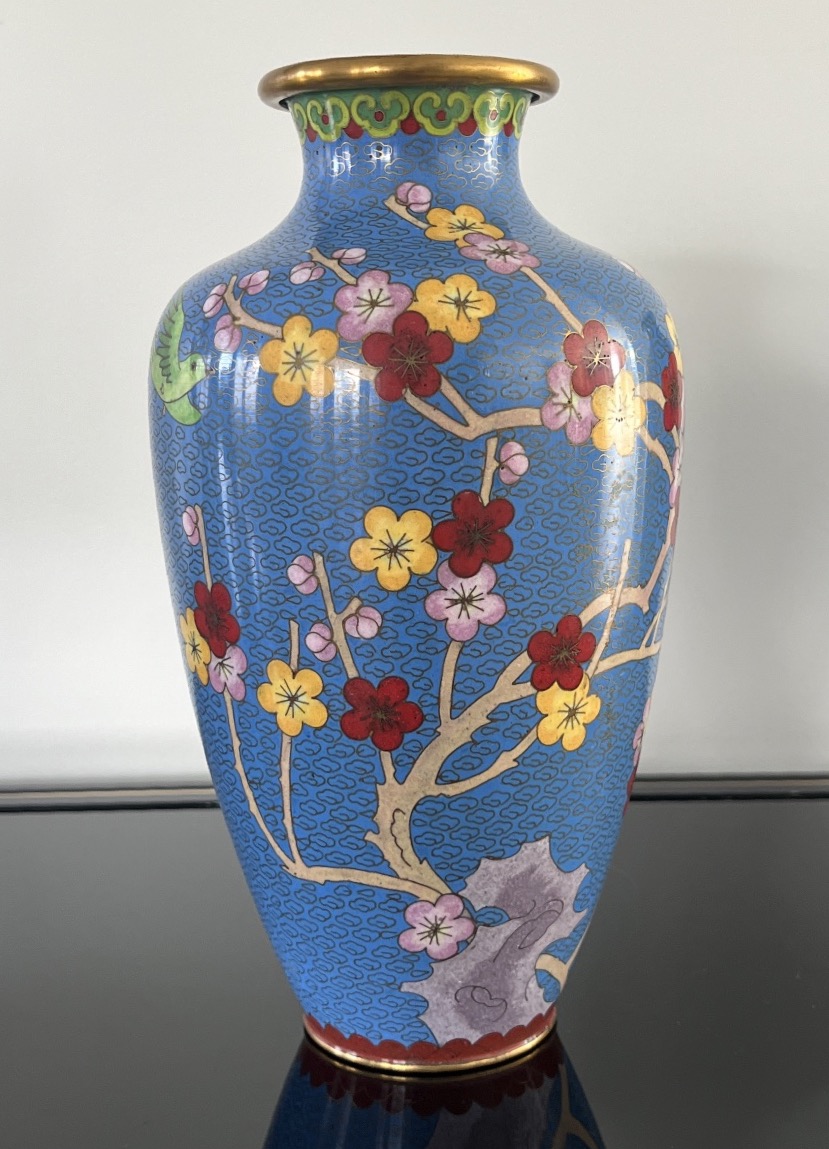 Pair Of China Cloisonné Vases Cherry Blossom Birds-photo-3