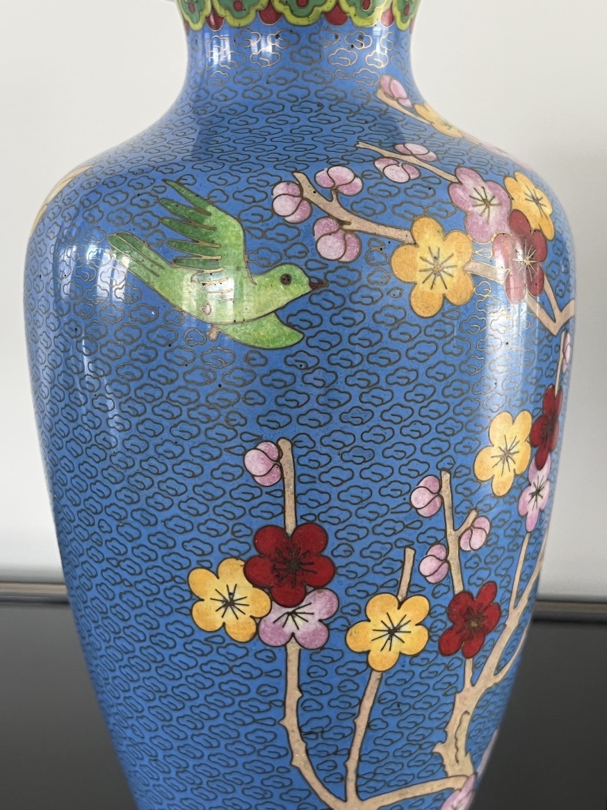 Pair Of China Cloisonné Vases Cherry Blossom Birds-photo-4