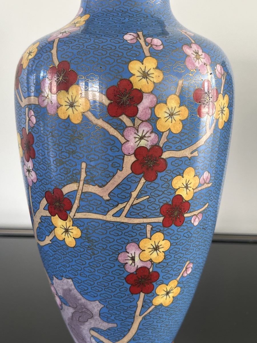 Pair Of China Cloisonné Vases Cherry Blossom Birds-photo-6