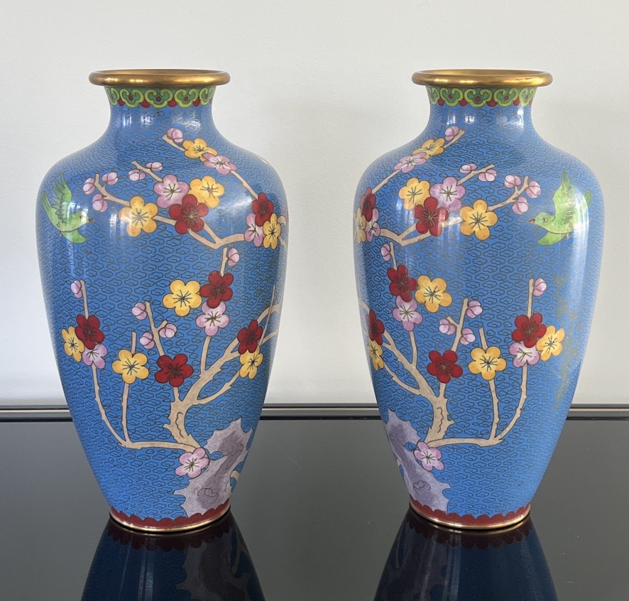 Pair Of China Cloisonné Vases Cherry Blossom Birds