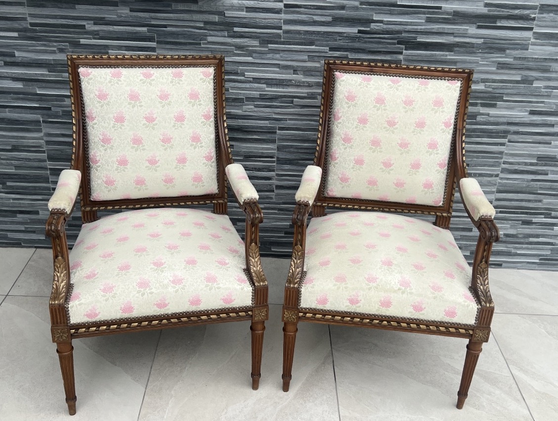 Pair Of Walnut Queen Armchairs Louis XVI Style-photo-2