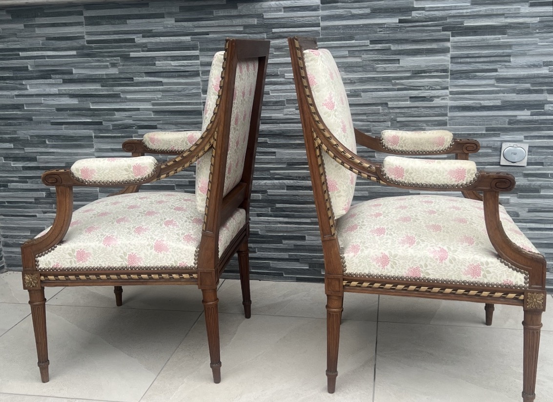 Pair Of Walnut Queen Armchairs Louis XVI Style-photo-4