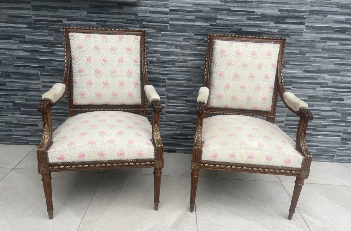 Pair Of Walnut Queen Armchairs Louis XVI Style-photo-1