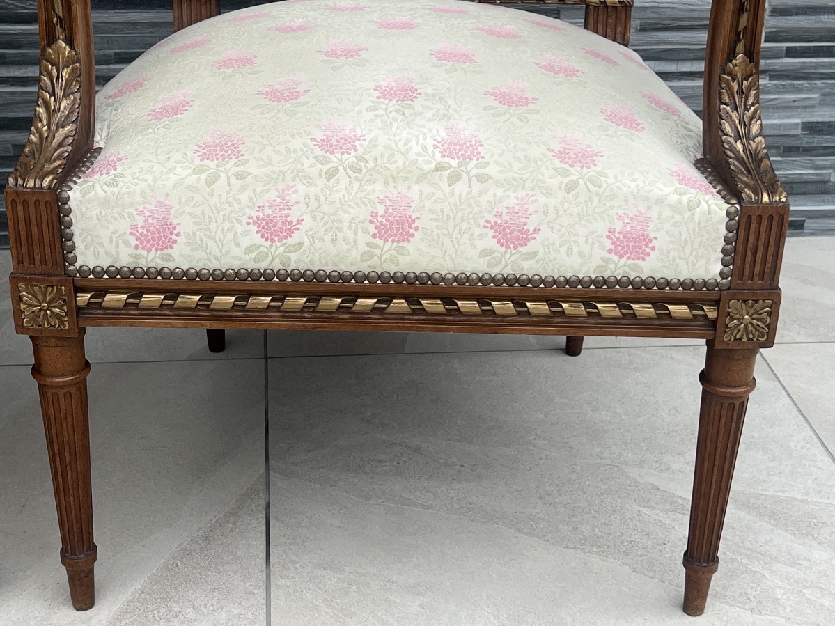 Pair Of Walnut Queen Armchairs Louis XVI Style-photo-4
