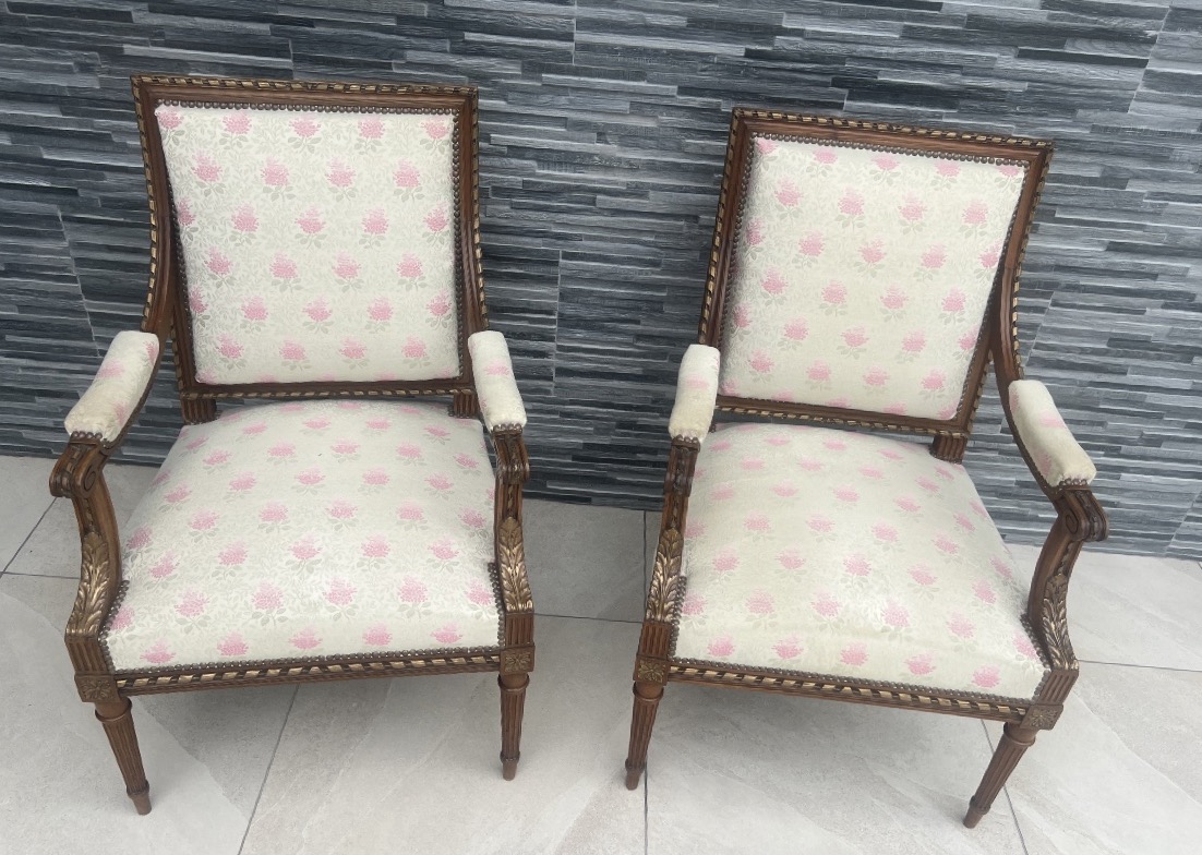 Pair Of Walnut Queen Armchairs Louis XVI Style-photo-5