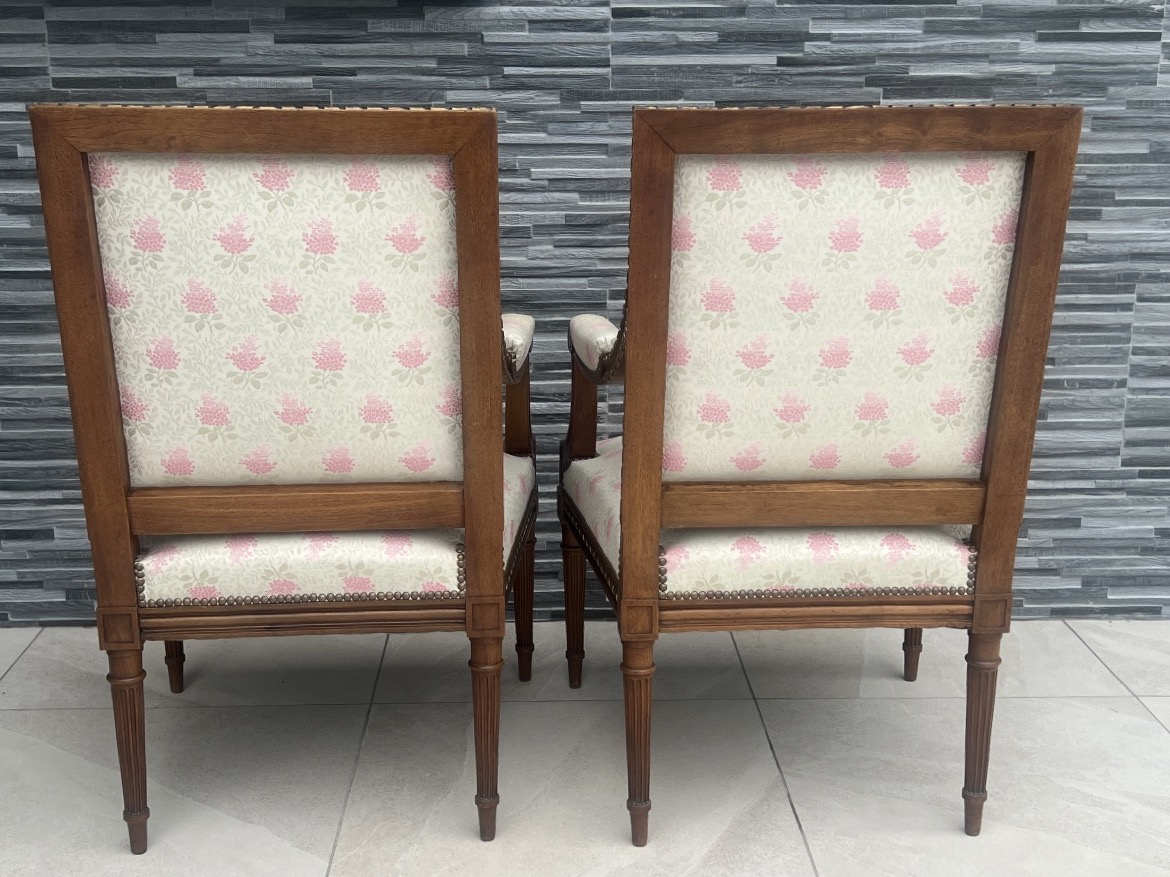 Pair Of Walnut Queen Armchairs Louis XVI Style-photo-6