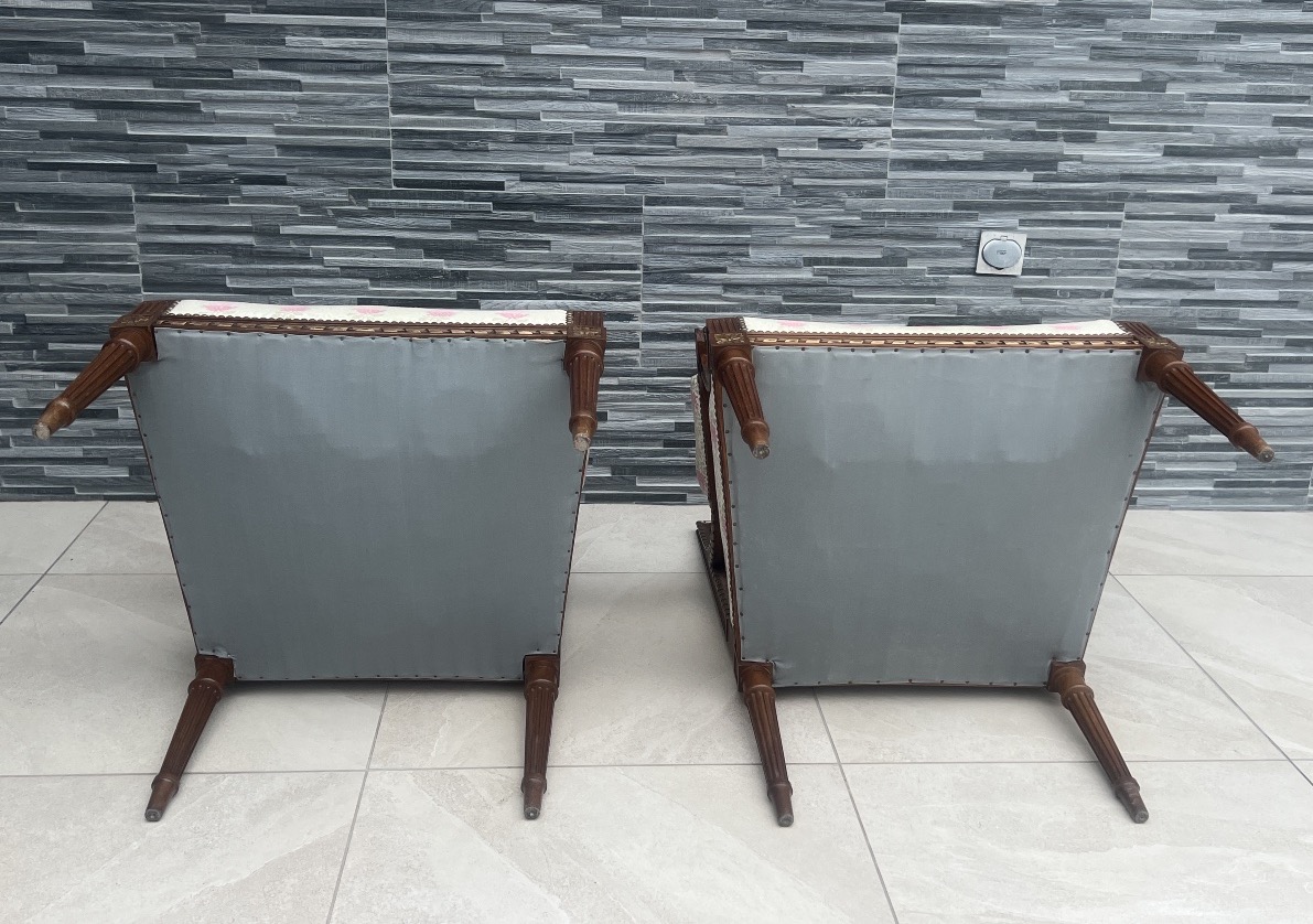 Pair Of Walnut Queen Armchairs Louis XVI Style-photo-8