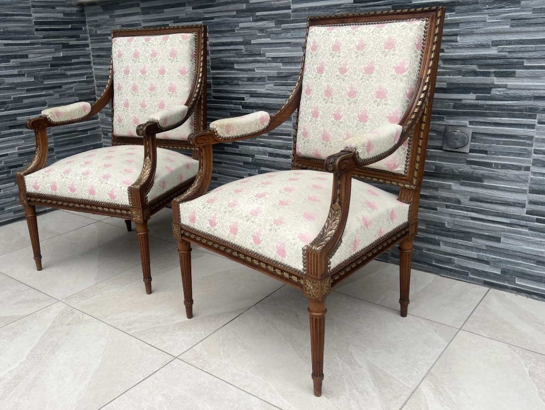 Pair Of Walnut Queen Armchairs Louis XVI Style
