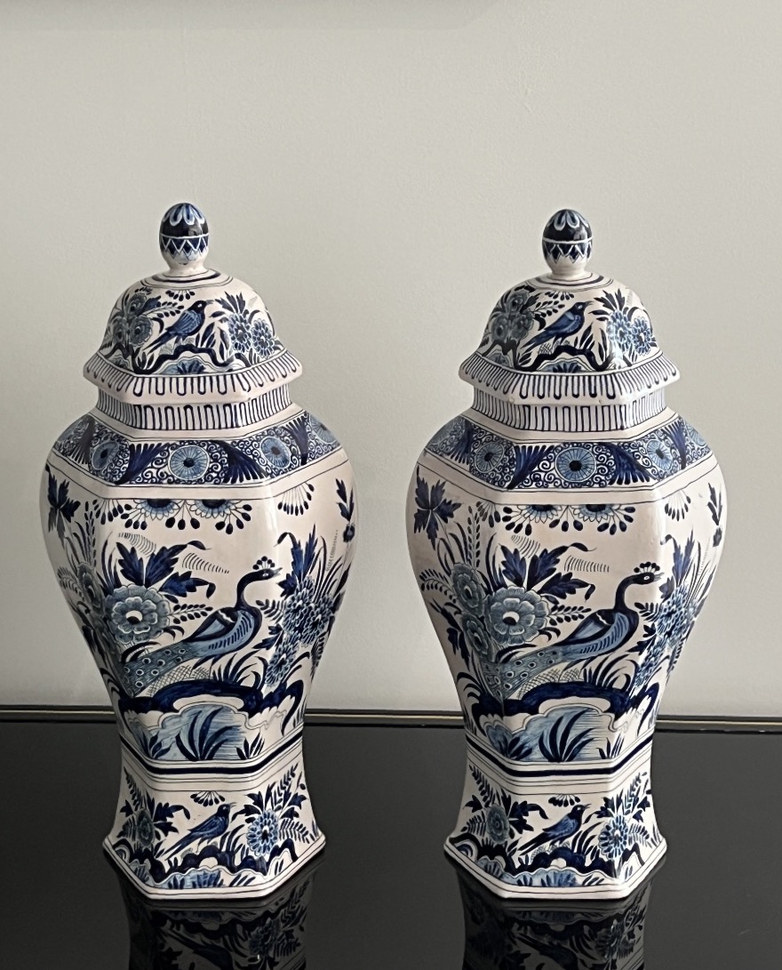 Pair Of Delft Earthenware Vases With Blue Monochrome Decor-photo-2