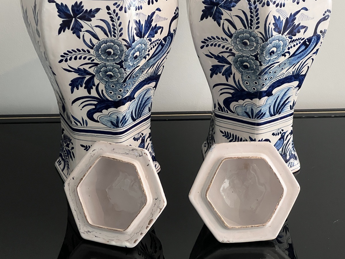 Pair Of Delft Earthenware Vases With Blue Monochrome Decor-photo-3