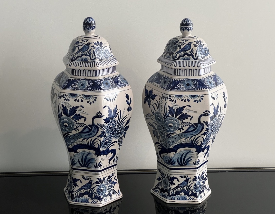 Pair Of Delft Earthenware Vases With Blue Monochrome Decor