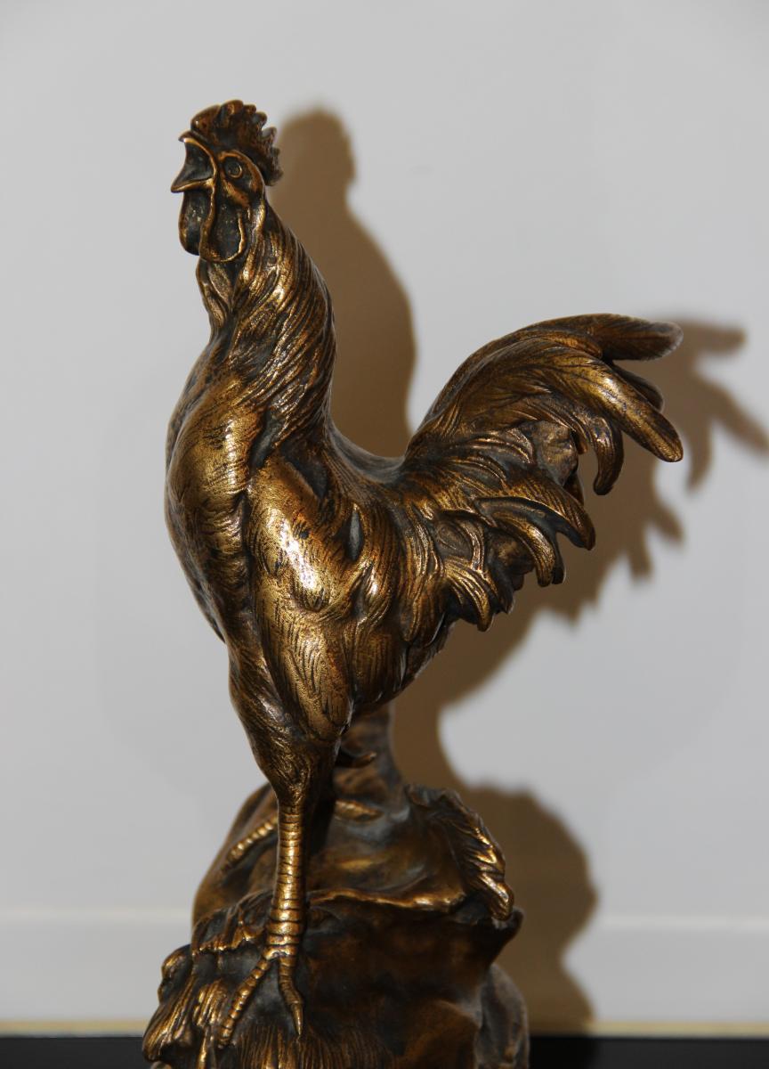 Singing Cock In Gilt Bronze By Prosper Lecourtier 1851-1924