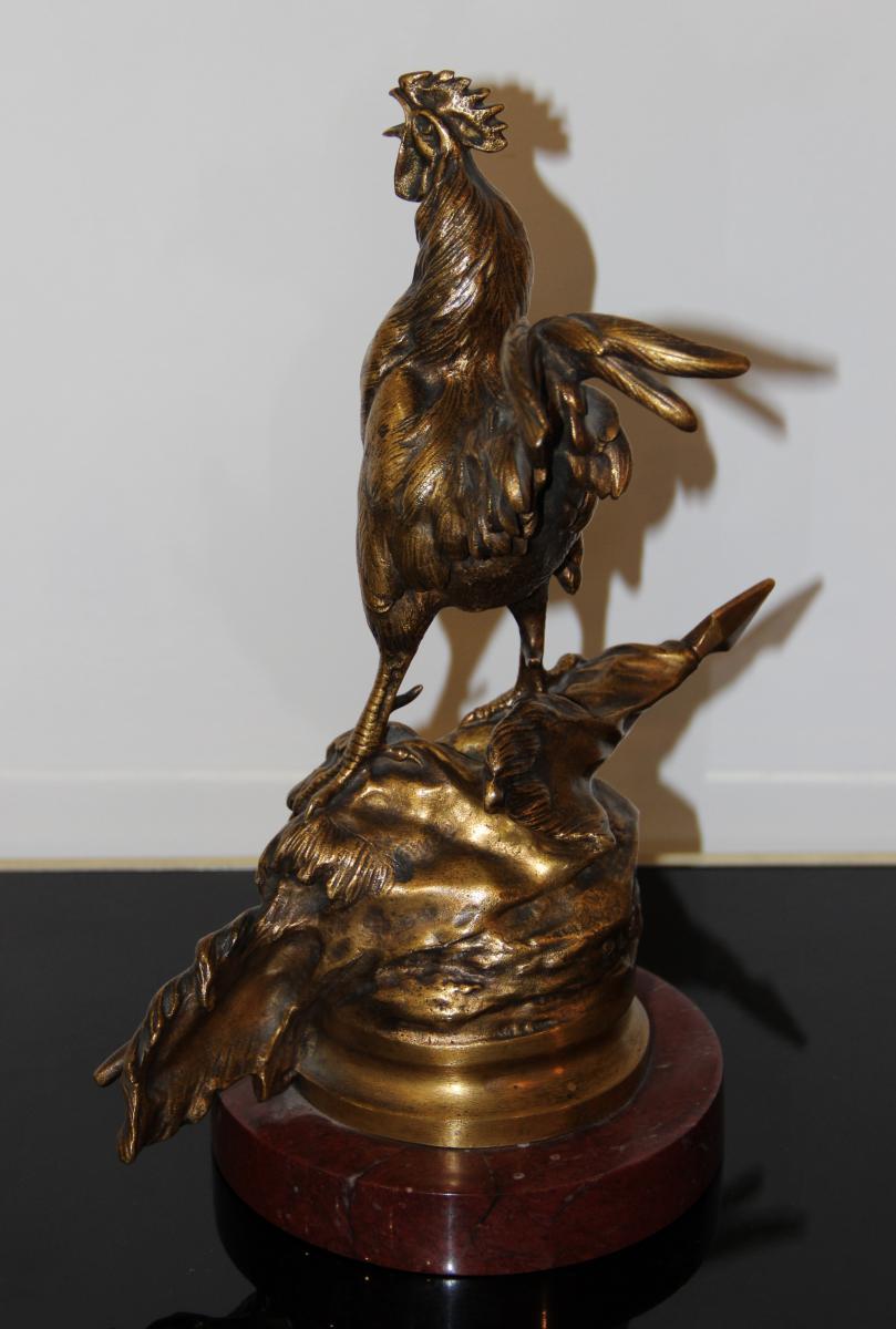 Singing Cock In Gilt Bronze By Prosper Lecourtier 1851-1924-photo-2