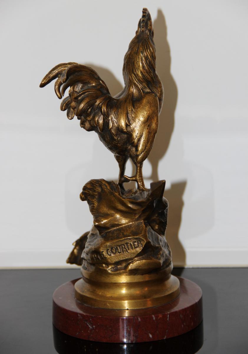 Singing Cock In Gilt Bronze By Prosper Lecourtier 1851-1924-photo-3